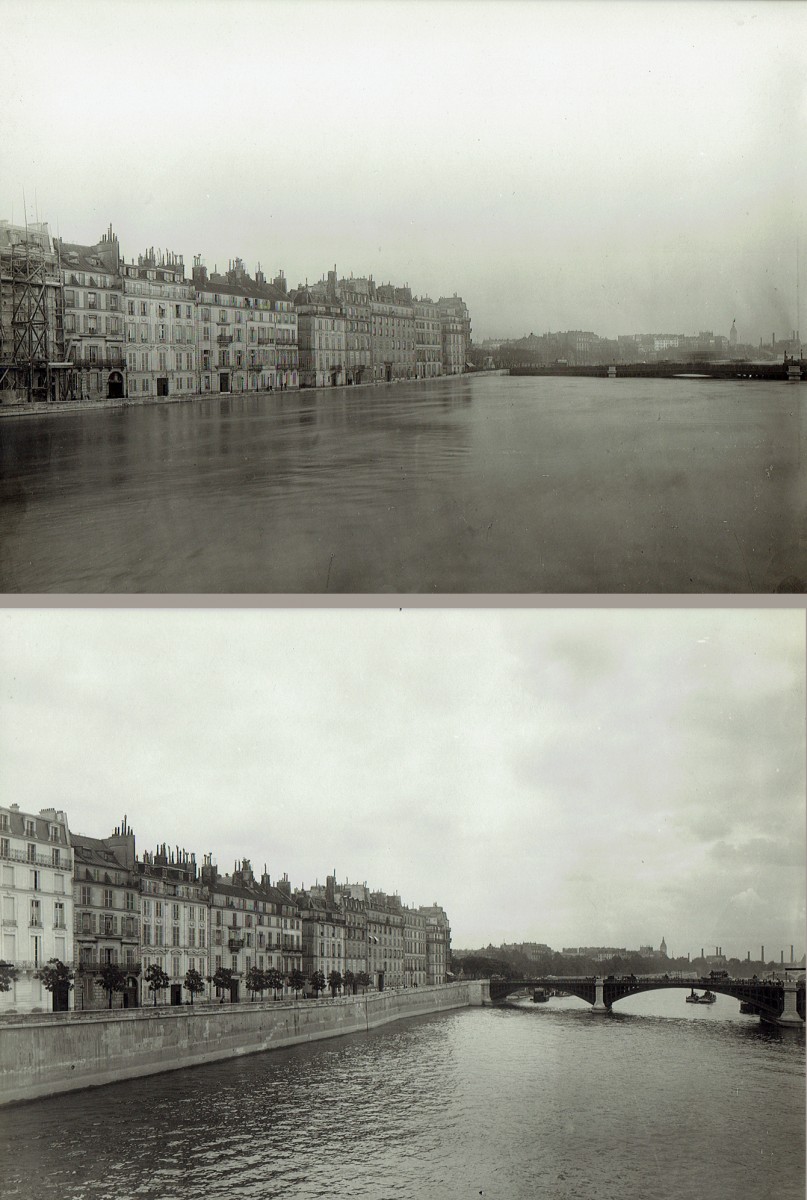 Paris Flood, Pont de Sully & Quai de Bethune, Jan. 27-31, 1910 & six months later